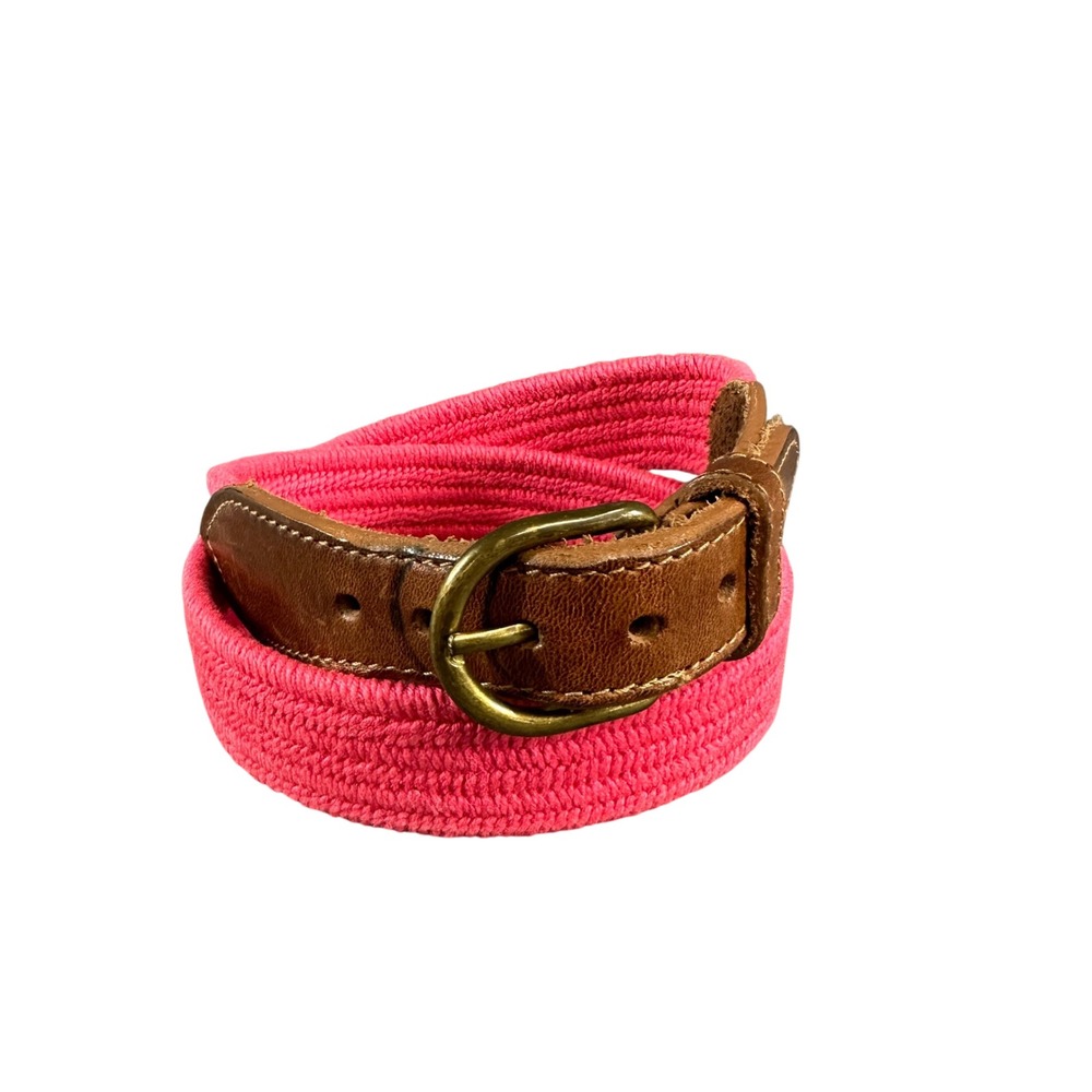 Pink Woven Cord Belt with Brown Leather Tabs and Brass Buckle 30 Inch